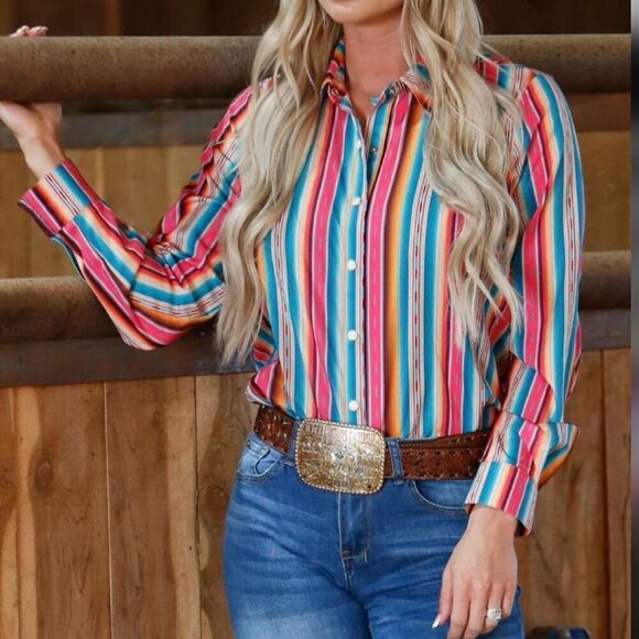 Western Cowgirl Aztec SerapeāPrint Long Sleeve Pearl Snap Casual Top New - Picture 4 of 12